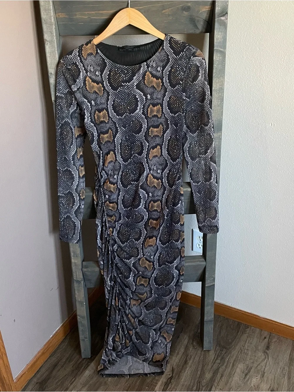 All Saints Norma Ruched Mesh Midi Dress Size US 4 Snake Retile Print